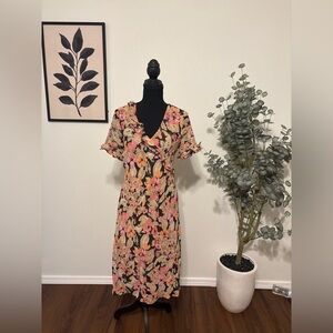 -SOLD-Expressions Black Floral Midi Dress with Pink & Tan Blooms